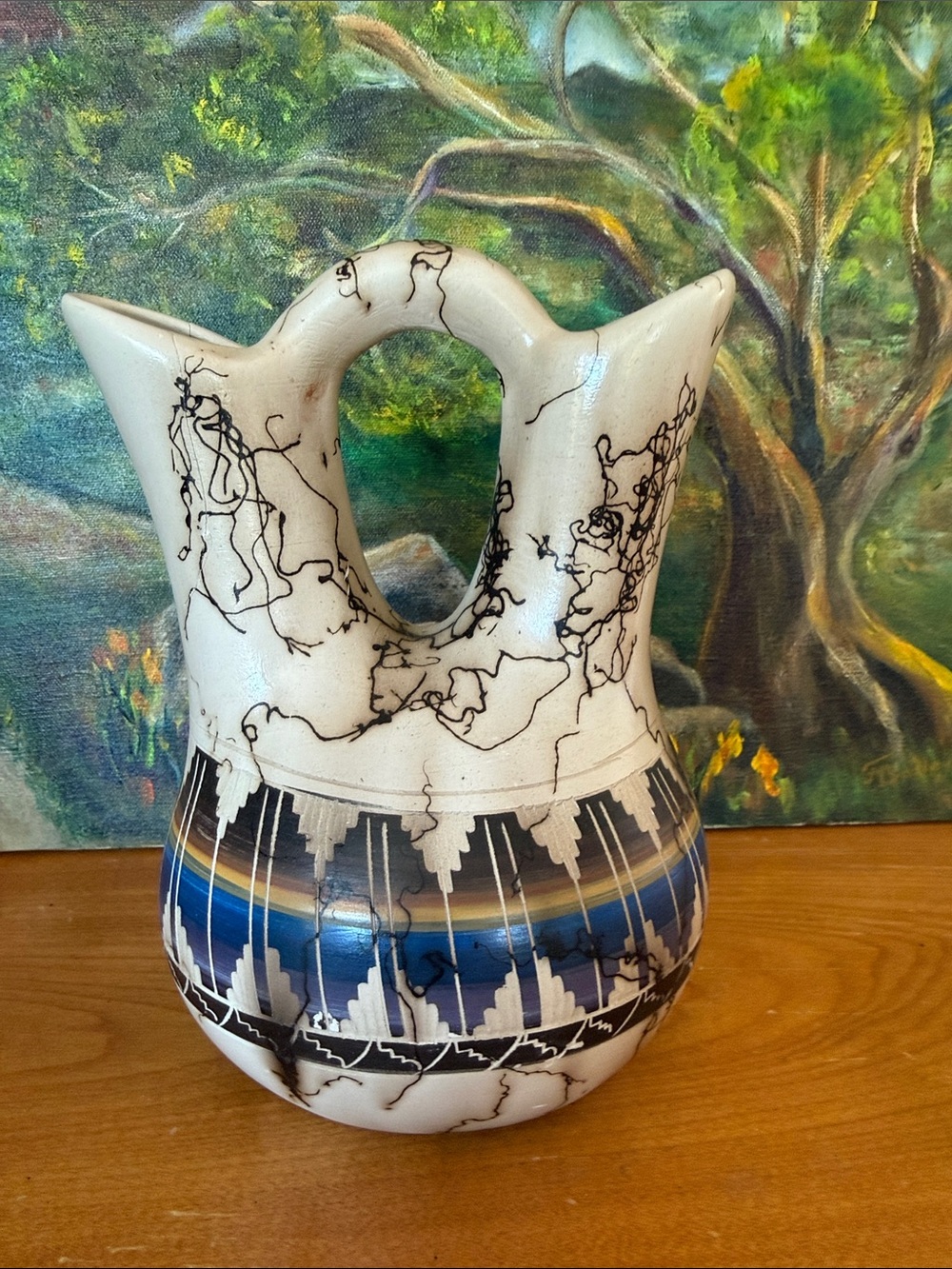 Handcrafted White and Blue Horse Hair Navajo Ceramic Wedding Vase